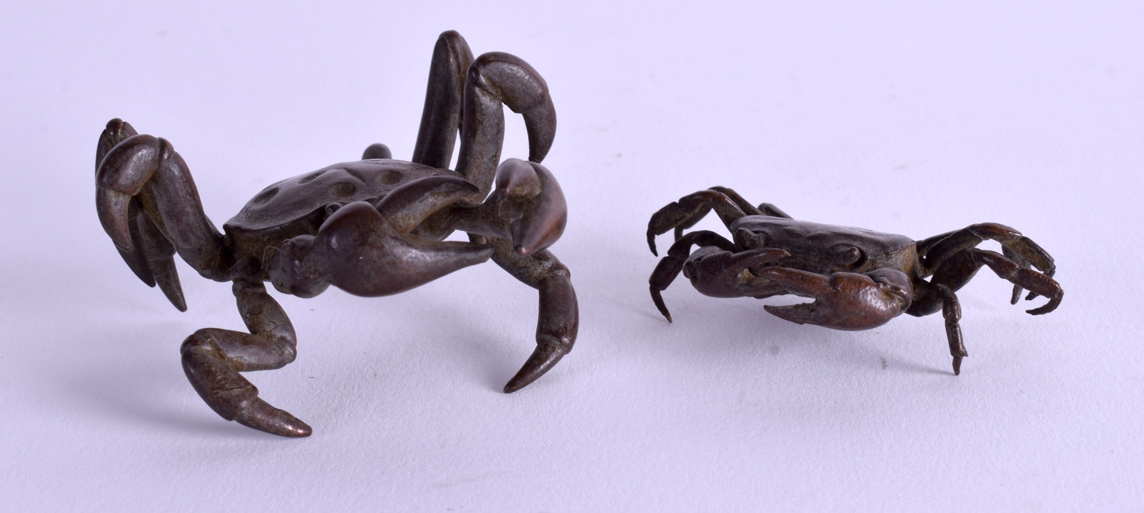 TWO JAPANESE BRONZE CRAB OKIMONO. 6 cm & 4 cm wide. (2)