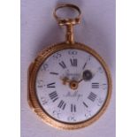 A FINE 18CT GOLD AND ENAMEL FOB WATCH by Rouzie Melly. 32.3 grams. 3.25 cm wide.