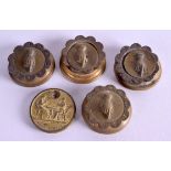 A SET OF FIVE VICTORIAN BRASS WHIST MARKERS. 3.25 cm diameter. (5)
