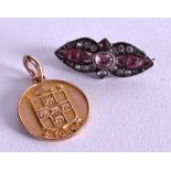 A 9CT GOLD PENDANT together with a paste stone brooch. Pendant 2.6 grams. (2)