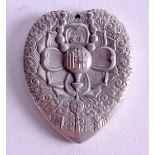 A CHINESE SILVERED BRONZE PENDANT. 4.5 cm x 3 cm.