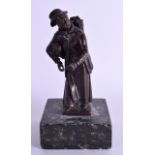 A 19TH CENTURY CONTINENTAL BRONZE FIGURE OF A FEMALE modelled upon a marble base. 16 cm x 7.5 cm.