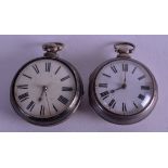 TWO PAIR CASED VERGE SILVER POCKET WATCHES. 5 cm wide. (2)