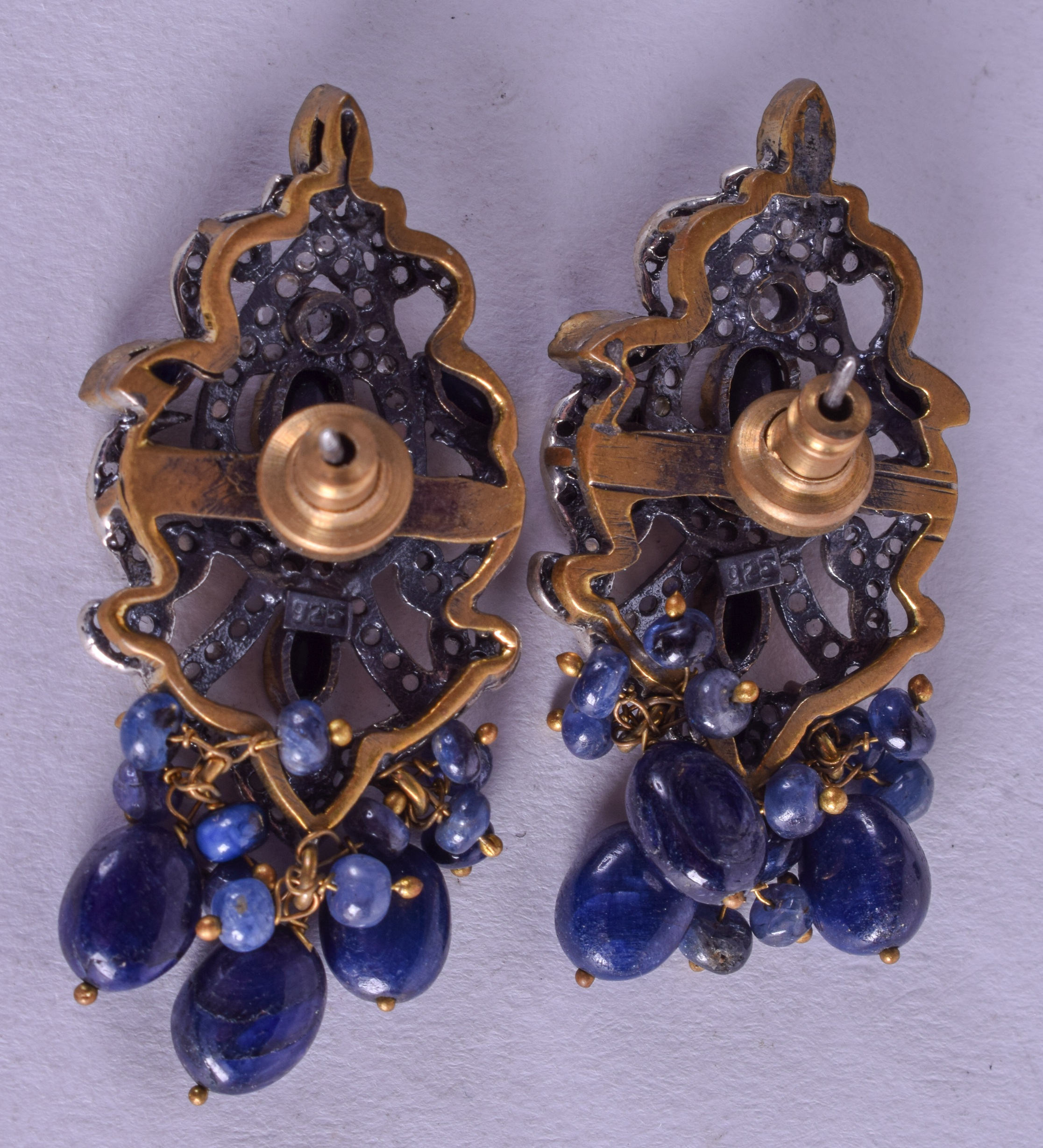 A PAIR OF SILVER GILT AND SAPPHIRE EARRINGS. 21 grams. - Image 2 of 2