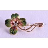 A 10CT GOLD ENAMEL AND DIAMOND FLOWER BROOCH. 1.9 grams. 3 cm x 1.5 cm.