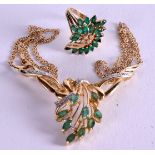 A 14CT GOLD EMERALD AND DIAMOND NECKLACE together with a matching ring. Size N. (2)