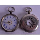 TWO SILVER FOB WATCHES. 4 cm wide. (2)