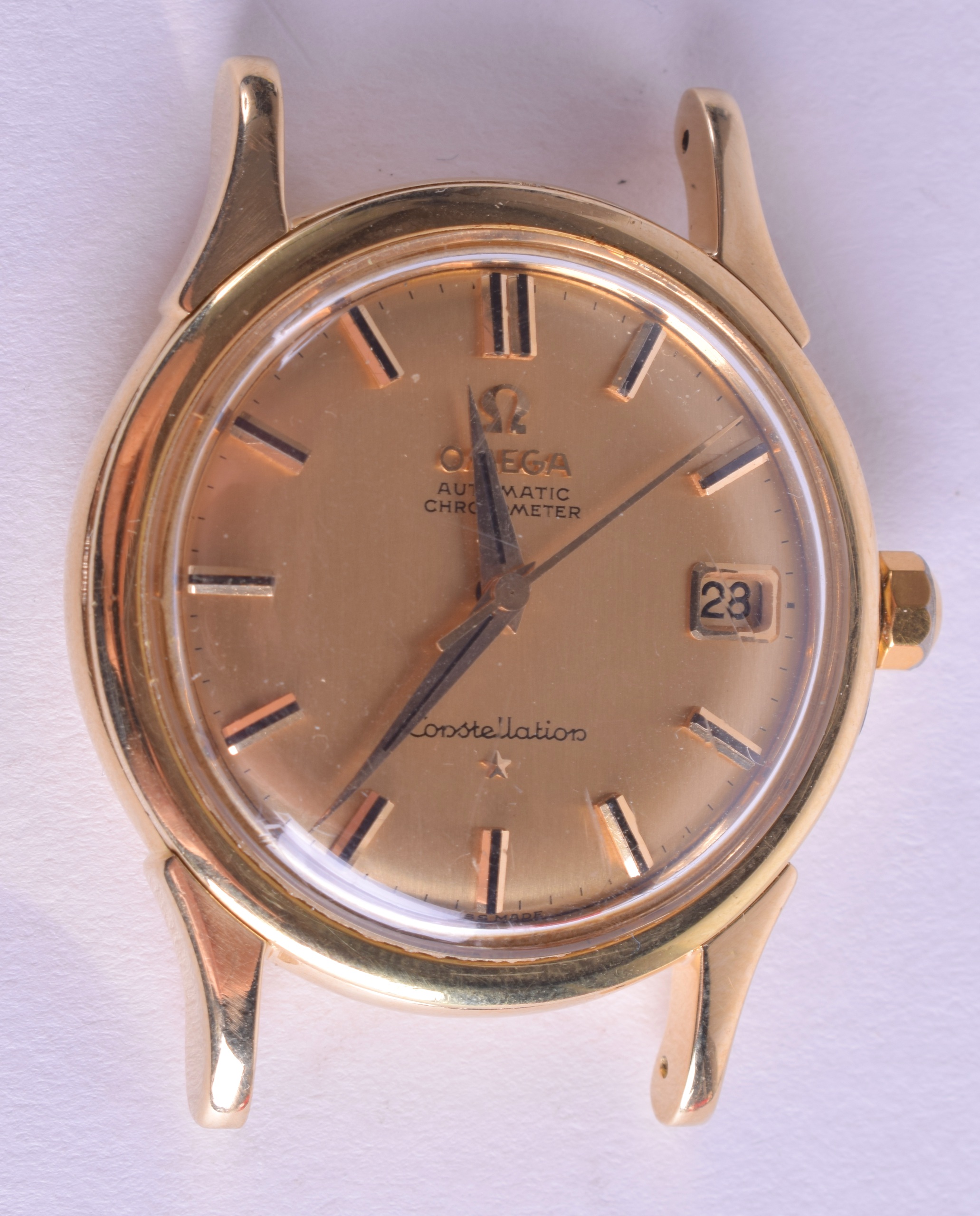 A GOOD 18CT GOLD OMEGA AUTOMATIC CONSTELLATION WATCH. 45. 7 grams overall. 3.25 cm wide.