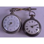 TWO PAIR CASED VERGE SILVER POCKET WATCHES. 4.5 & 4 cm wide. (2)