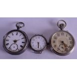 TWO SILVER WATCHES together with another. Largest 5 cm diameter. (3)