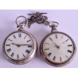 TWO SILVER PAIR CASED VERGE POCKET WATCHES. 5 cm wide. (2)