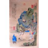 A FINE 19TH CENTURY CHINESE INKWORK WATERCOLOUR SCROLL Qing, painted with scholars within landscapes