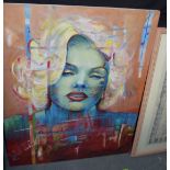 AN UNUSUAL UNFRAMED ABSTRACT ACRYLIC ON CANVAS DECPITING MARILYN MONROE, inscription with signature