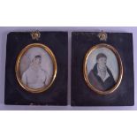 A PAIR OF GEORGE III PAINTED IVORY PORTRAIT MINIATURES. Image 7 cm x 9 cm.