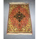 A RED GROUND PERSIAN SILK PRAYER RUG, decorated with foliage. 90 cm x 57 cm