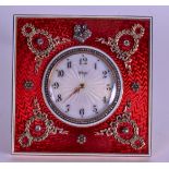 A LOVELY RUSSIAN 14CT GOLD SILVER DIAMOND AND ENAMEL STRUT CLOCK with enamelled dial encased within