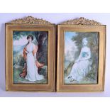 A LARGE PAIR OF 19TH CENTURY CONTINENTAL IVORY MINIATURE painted with females within landscapes. Ima