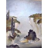 PAT LANGTON (British) FRAMED OIL ON BOARD, signed, ruins on a cliff top in a river landscape. 24 cm