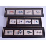 A SET OF TWELVE 19TH CENTURY CHINESE PITH PAPER WATERCOLOURS contained within three frames. Each ima