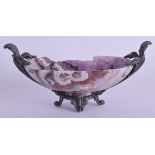 A LOVELY 19TH CENTURY FRENCH SILVER AND AGATE DISH with scrolling handles. 16 cm x 9 cm.