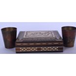 AN ISLAMIC MIXED WOODEN CIGARETTE BOX, together with a pair of Eastern engraved beakers. 13.5 cm wid