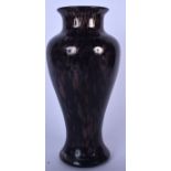 A STYLISH ITALIAN BLACK GLASS BALUSTER VASE, formed with flared lip and mottled drip decoration. 28.