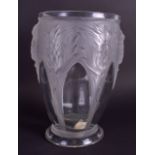 AN ART DECO FRENCH GLASS VASE decorated with foliage. 25.5 cm high.