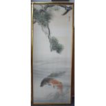 A 19TH CENTURY JAPANESE MEIJI PERIOD SILK WATERCOLOUR PAINTING depicting carp swimming within a lake