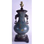 A LARGE 19TH CENTURY CHINESE TWIN HANDLED CHAMPLEVE ENAMEL VASE converted to a lamp, decorated with