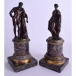 A GOOD PAIR OF 18TH CENTURY CONTINENTAL BRONZE FIGURES modelled upon red marble bases. 25 cm high.