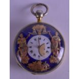 AN EARLY 19TH CENTURY SWISS AUTMATON SILVER AND ENAMEL WATCH decorated with two figures upon a blue