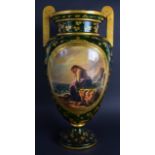 A LARGE 19TH CENTURY BOHEMIAN TWIN HANDLED GLASS VASE painted with a female looking solemn before a