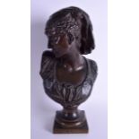 A 19TH CENTURY FRENCH BRONZE BUST OF A FEMALE by Luca Madrassi (1848-1919), modelled smiling. 44 cm