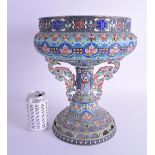 A VERY LARGE RUSSIAN SILVER ENAMEL GEM SET BOWL with bird like handles and extensive foliage decorat