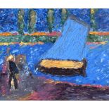 ATTRIBUTED TO JEAN-CLAUDE PICOT ((born 1933) FRAMED OIL ON BOARD, impressionist figure beside a boat