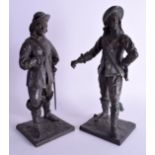 A PAIR OF 19TH CENTURY CONTINENTAL SPELTER FIGURES OF CAVALIERS. 33 cm high.