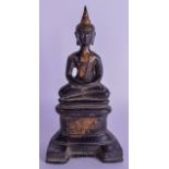 AN 18TH CENTURY BURMESE LACQUERED BRONZE FIGURE OF A BUDDHA modelled upon a shaped base. 22.5 cm hig