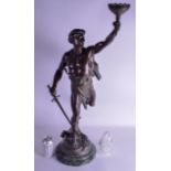 A LARGE EARLY 20TH CENTURY FRENCH SPELTER FIGURAL LAMP entitled Victoria. 97 cm x 30 cm.