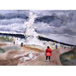 A FRAMED WATERCOLOUR DEPICTING ICELAND, painted with figures surrounding a geyser, the reverse with
