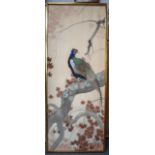 A 19TH CENTURY JAPANESE MEIJI PERIOD SILK WATERCOLOUR PAINTING depicting an exotic bird amongst foli