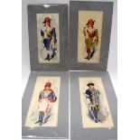 A SET OF FOUR UNFRAMED WATERCOLOURS, a hussar, together with three others. 26 cm x 11 cm. (4)