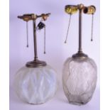 TWO STYLISH ART DECO GLASS VASES converted to lamps. Glass 24 cm & 20 cm high. (2)