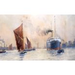 EUROPEAN SCHOOL (early 20th century) FRAMED WATERCOLOUR, signed, boats in a busy seascape. 29 cm x 4