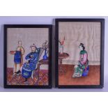 A NEAR PAIR OF 19TH CENTURY CHINESE PITH PAPER PAINTINGS depicting figures within interiors. Image 1