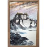 A 1950S CHINESE WATERCOLOUR LANDSCAPE painted with a building within a landscape. Image 82 cm x 45 c