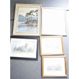 A OIL ON BOARD DEPICTING TREES IN A LANDSCAPE, together with a watercolour and three prints. (5)