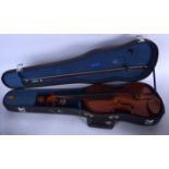 A CASED STENTON SINGLE PIECE BACK VIOLIN, with associated bow. 60 cm long.