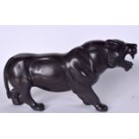 A LARGE SPELTER FIGURE OF A STANDING LION. jaws exposed, signed. 20 cm x 40 cm.