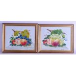 English glass pair of plaques painted with fruit and flowers on a table by R. Rayworth, 24 x 20 cm