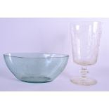 AN ANTIQUE ENGRAVED GLASS VASE together with a Venetian style bowl. Vase 27 cm high, bowl 30 cm wide